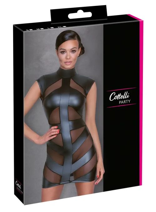 Cottelli PARTY Black Mini Dress with Powernet Inserts & High Collar S/M