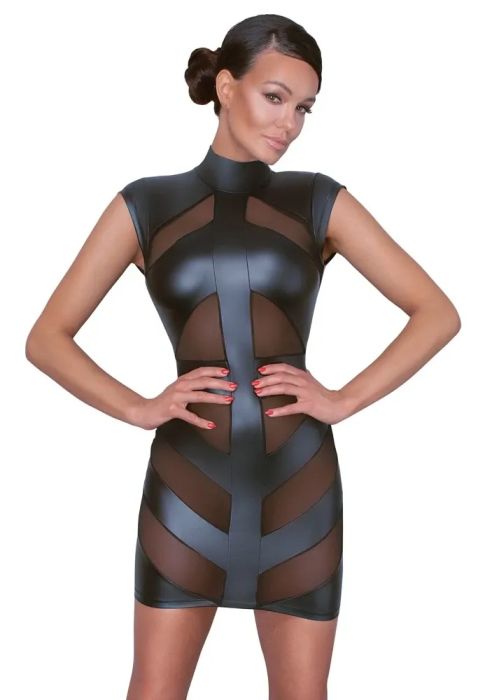Cottelli PARTY Black Mini Dress with Powernet Inserts & High Collar S/M