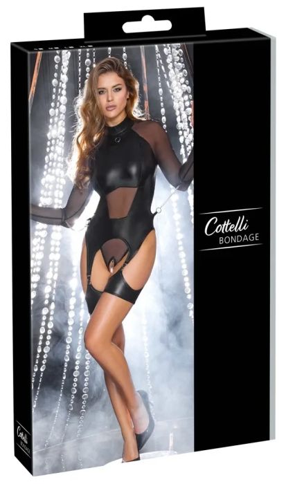 Cottelli BONDAGE Black Ouvert Suspender Bodysuit with Chains & Soft Cuffs S/M