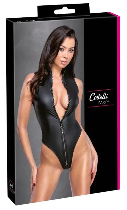 Cottelli PARTY Black Matte Rio Bodysuit with Rhinestone Zip S/M