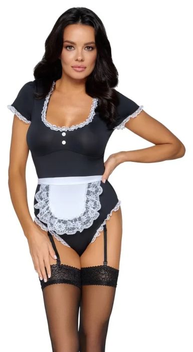 Cottelli COSTUMES Черен костюм на сервитьорка с боди, жартиери и престилка S/M