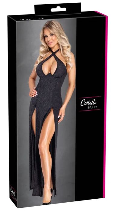 Cottelli PARTY Long Black Silver-Glitter Dress with High Front Slits S/M