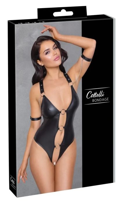 Cottelli BONDAGE Черно ouvert стринг боди с халки и фиксиращи маншети S/M