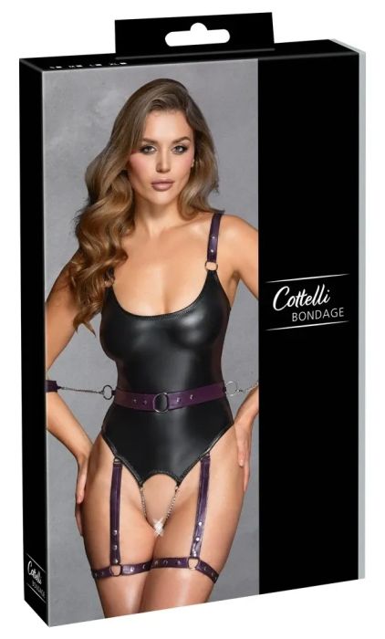 Cottelli BONDAGE Черно ouvert боди с бедрен харнес, вериги и маншети S/M