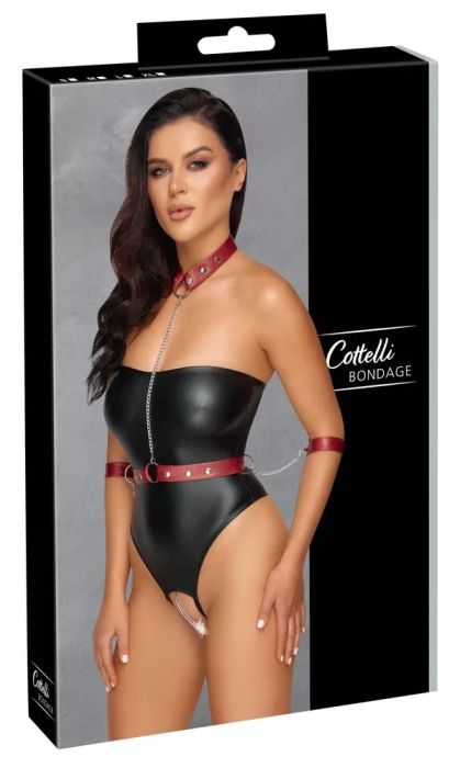 Cottelli BONDAGE Черно ouvert боди с червен харнес, маншети и верижка S/M