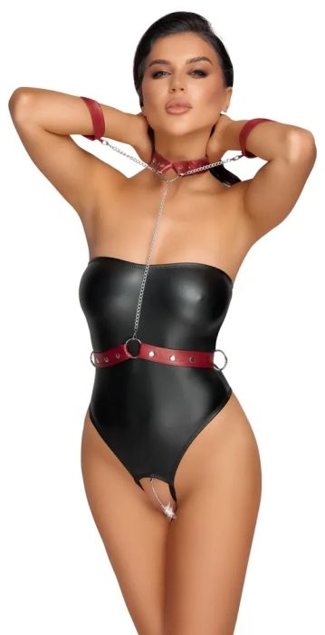 Cottelli BONDAGE Черно ouvert боди с червен харнес, маншети и верижка S/M