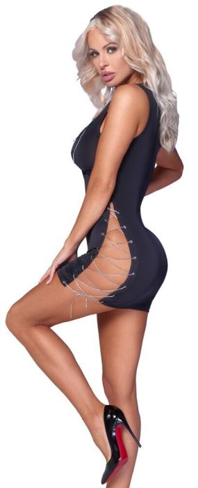 Cottelli PARTY Black Mini Dress with Silver-Coloured Lacing S/M