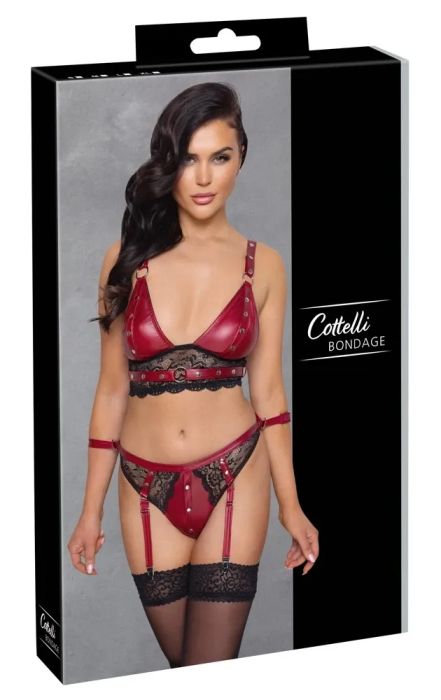 Cottelli BONDAGE Червено-черен комплект с бралет, жартиерен слип и фиксиращи ленти S/M