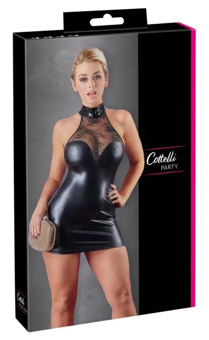 Cottelli PARTY Black Wetlook Mini Dress with Lace Inserts S/M