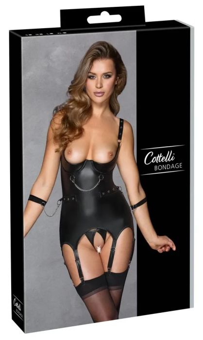 Cottelli BONDAGE Черен комплект с бюстие с отворен бюст, ouvert стринг и меки маншети S/M