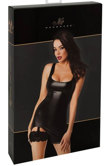 Noir Handmade Velvetine Черна Powerwetlook мини рокля с дантелен жартиер S/M