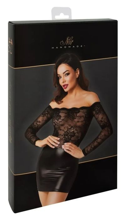 Noir Handmade Черна мини рокля с дантелен топ и Powerwetlook пола S/M
