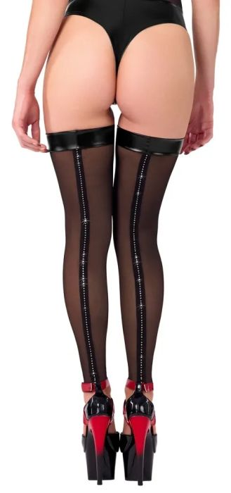 Noir Handmade Black Sheer Over-the-Knee Stockings with Rhinestone Seam S/M