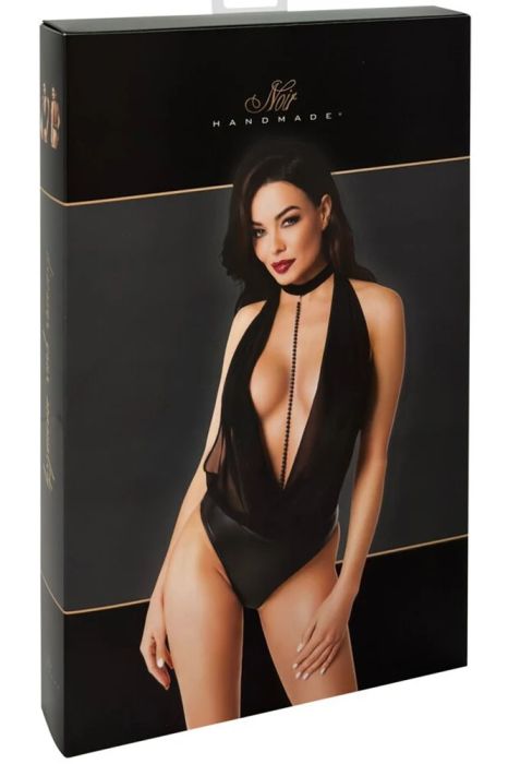 Noir Handmade Black Halterneck Bodysuit with Plunging Neckline & Removable Pearl Chain S/M