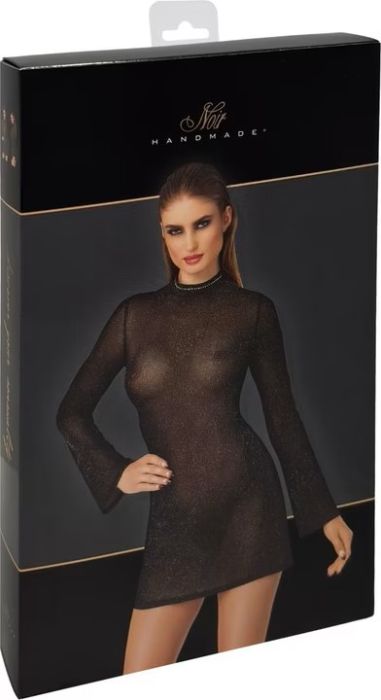 Noir Handmade Black Sheer Glitter Mini Dress with Bell Sleeves S/M