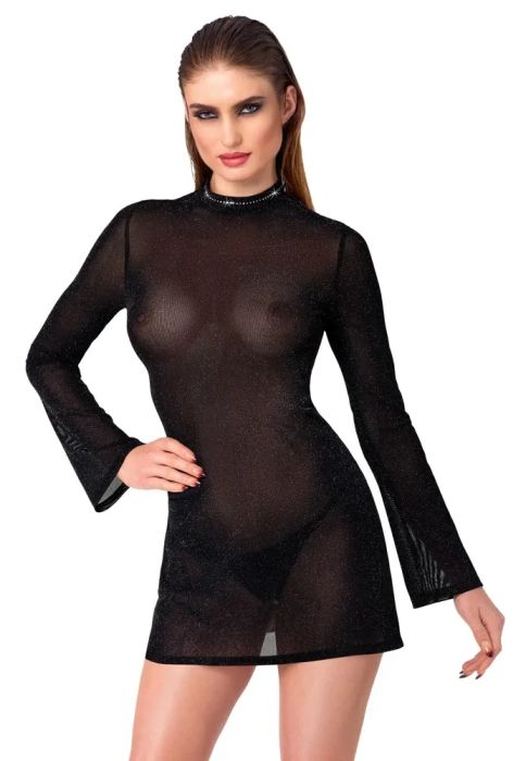 Noir Handmade Black Sheer Glitter Mini Dress with Bell Sleeves S/M