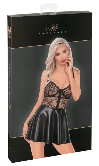 Noir Handmade Черна мини рокля с дантелен топ и разкроена Powerwetlook пола S/M