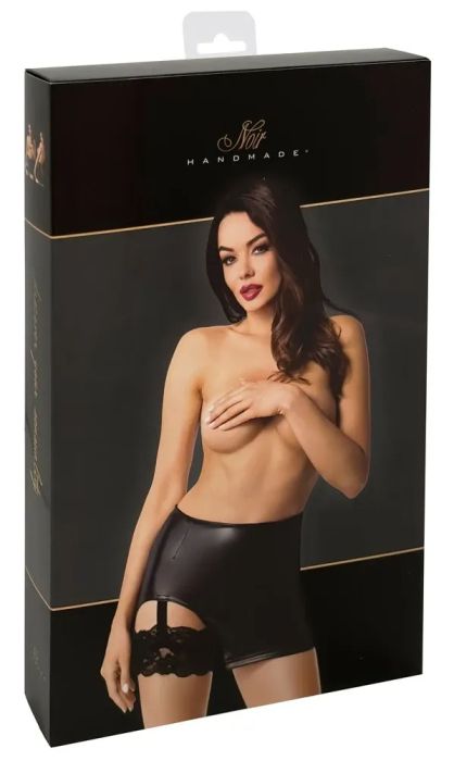 Noir Handmade Black Powerwetlook Mini Skirt with Lace Garter S/M