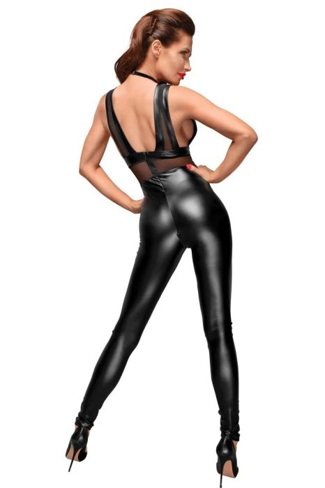 Noir Handmade Black Powerwetlook Jumpsuit with Sheer Inserts & Adjustable Strap S/M