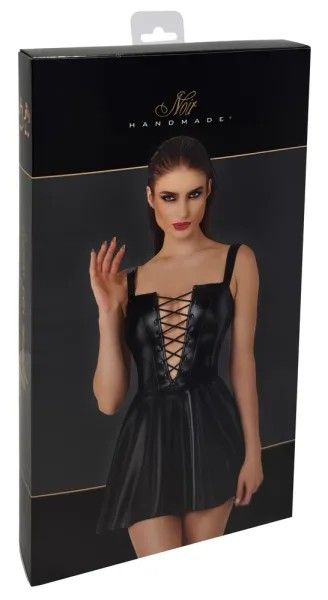 Noir Handmade Черна Powerwetlook мини рокля с връзки и разкроена пола S/M
