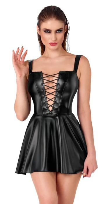 Noir Handmade Черна Powerwetlook мини рокля с връзки и разкроена пола S/M