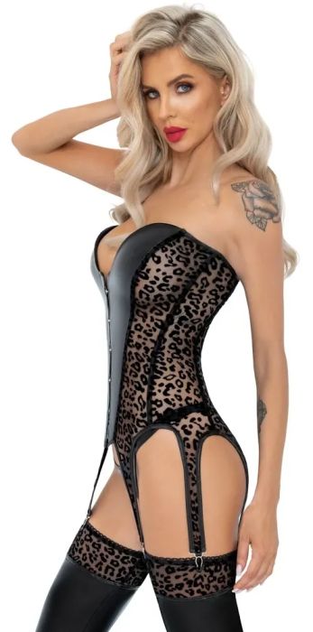 Noir Handmade Black Corset with Leopard Flock Print & Six Suspender Straps S/M