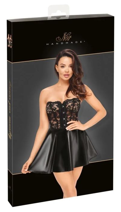 Noir Handmade Черна мини рокля с дантелен корсет и разкроена Powerwetlook пола S/M