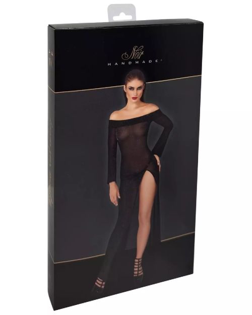 Noir Handmade Black Sheer Glitter Long Dress with High Slit S/M