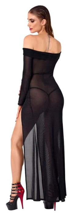 Noir Handmade Black Sheer Glitter Long Dress with High Slit S/M