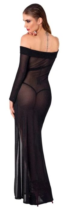 Noir Handmade Black Sheer Glitter Long Dress with High Slit S/M