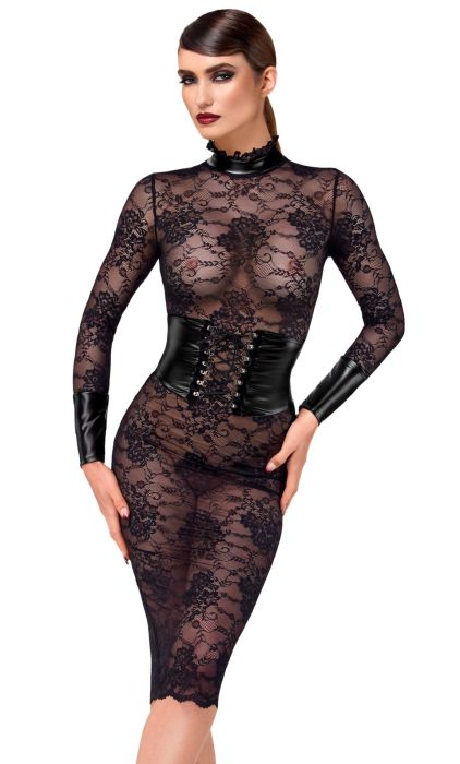 Noir Handmade Noirelle Черна дантелена миди рокля с Powerwetlook корсет S/M