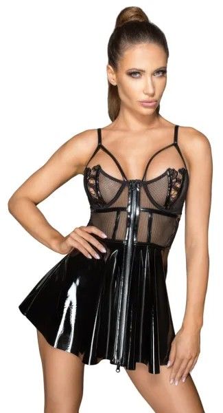 Noir Handmade Черна винилова мини рокля с прозрачен корсет и разкроена пола S/M