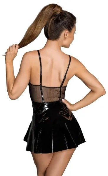 Noir Handmade Black Vinyl Mini Dress with Sheer Corset & Flared Skirt S/M