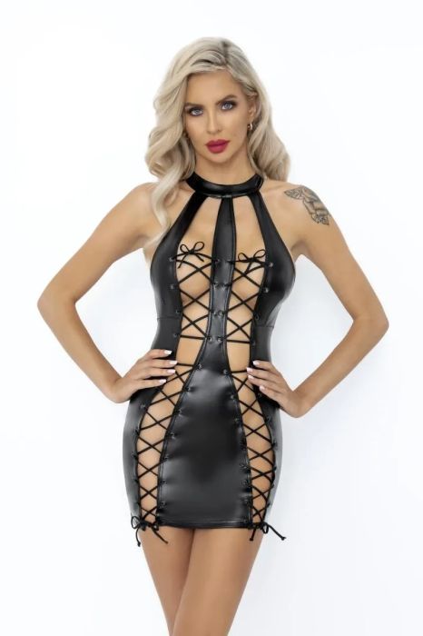 Noir Handmade Черна Powerwetlook мини рокля с двойни връзки S/M