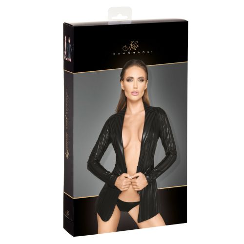 Noir Handmade Черно Powerwetlook сако с тесни ревери и преден цип S/M