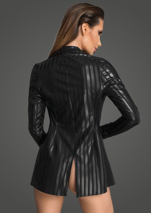 Noir Handmade Black Powerwetlook Jacket with Slim Lapels and Front Zip S/M