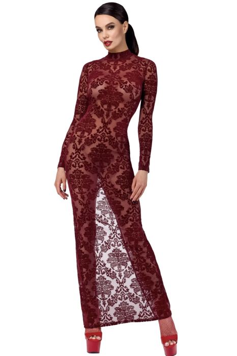 Noir Handmade Kinky Royal Burgundy Long Dress with Velvet Floral Flock Print S/M