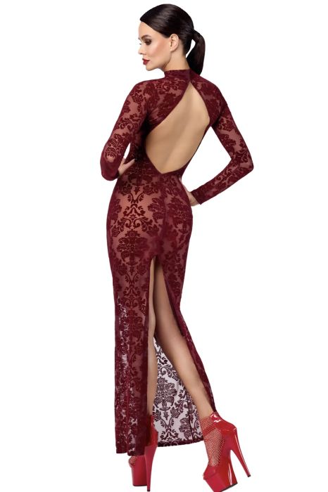 Noir Handmade Kinky Royal Burgundy Long Dress with Velvet Floral Flock Print S/M