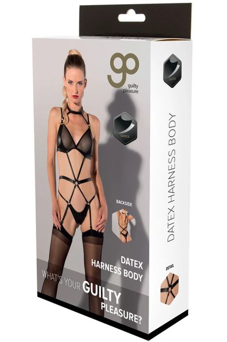 Guilty Pleasure Black Datex Harness Bodysuit with Mesh Cups & Garters S/M