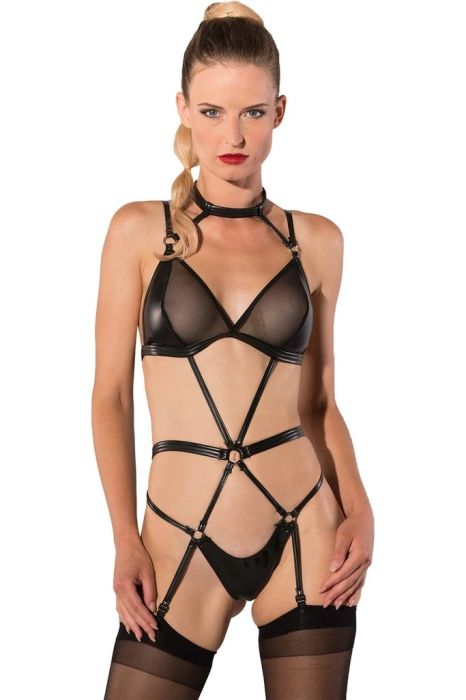 Guilty Pleasure Black Datex Harness Bodysuit with Mesh Cups & Garters S/M