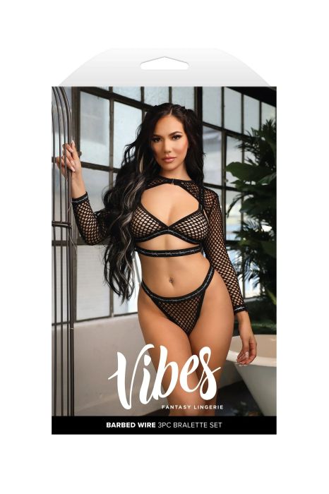 Fantasy Lingerie Vibes Barbed Wire черен мрежест комплект от 3 части S/M