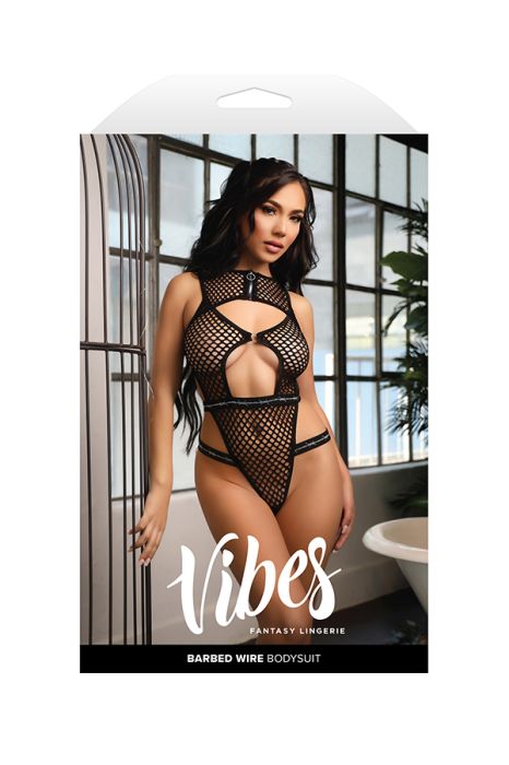 Fantasy Lingerie Barbed Wire черно мрежесто боди със сребрист принт S/M