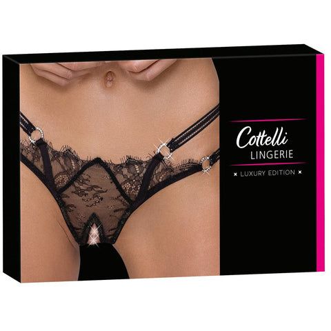 Cottelli Lingerie Black Lace Open-Crotch Thong with Rhinestone Rings S/M