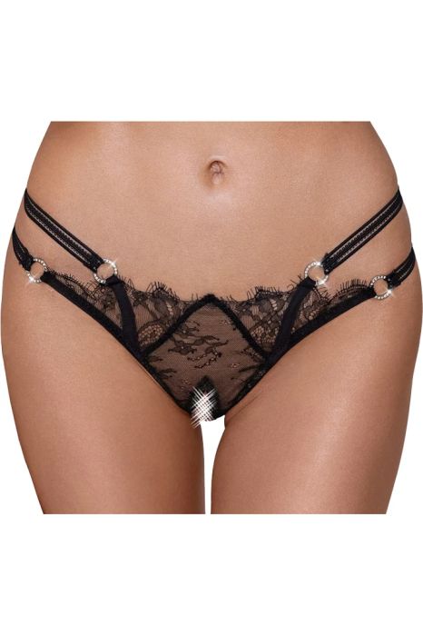 Cottelli Lingerie Black Lace Open-Crotch Thong with Rhinestone Rings S/M