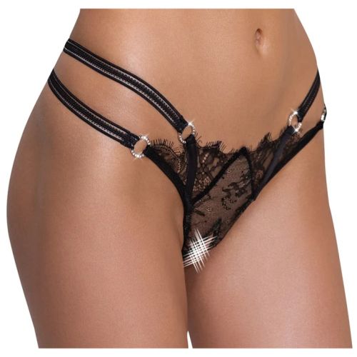 Cottelli Lingerie Black Lace Open-Crotch Thong with Rhinestone Rings S/M