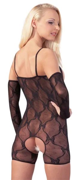 NO:XQSE Black Lace Open-Bust Short Catsuit with Arm Gauntlets S/M