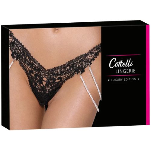 Cottelli Lingerie Pearl String черни дантелени прашки с подвижни перлени верижки S/M