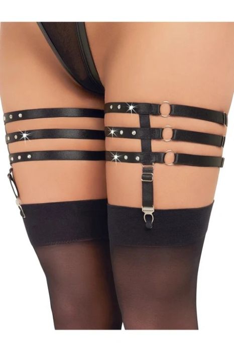 Cottelli Accessories черни жартиери за бедра с 3 ленти и кристали S/M