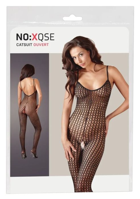 NO:XQSE черен мрежест catsuit с отворено дъно S/M
