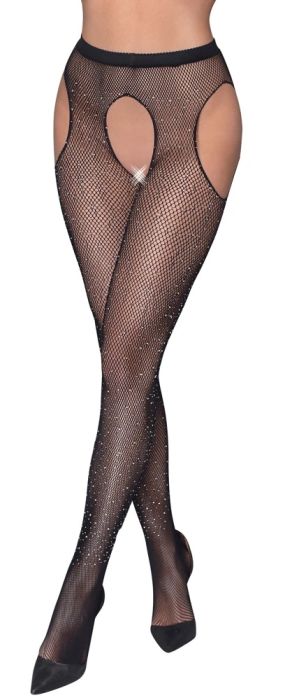 Cottelli LEGWEAR черен мрежест чорапогащник с отворено дъно и кристали S/M